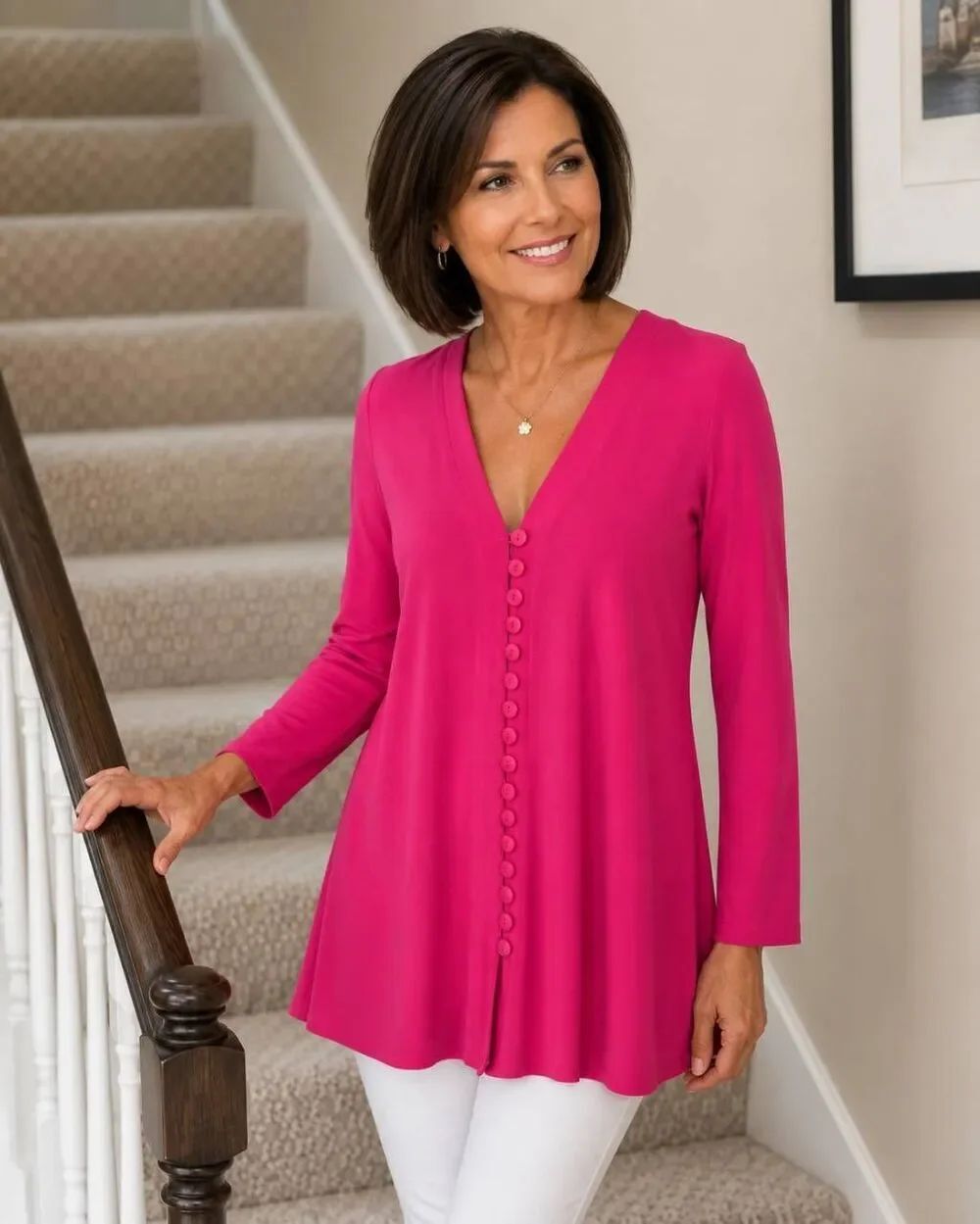 Sympli Women's Duo Diva Long Sleeve Button Front Tunic Top Bright Pink Size 6